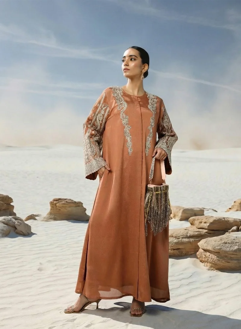 ISHIN Rich Rust Zari Embroidered Abaya
